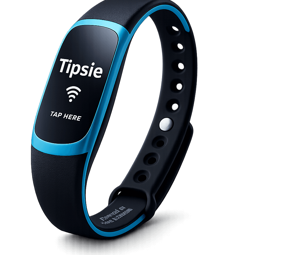 The Tipsie NFC wristband, with a tap pad on the face